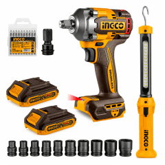 Combo Llave de Impacto Inalámbrica Brushless 20V con Lámpara Magnética y 10 Dados INGCO