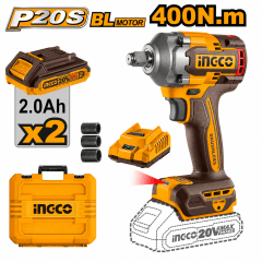 Llave de Impacto Inalámbrica Brushless 20V 400Nm con 2 Baterías 2Ah y 3 Dados INGCO