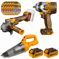 Combo Amoladora + Llave de Impacto Brushless + Aspiradora Inalámbrica 20V con 2 Baterías 5Ah INGCO 0