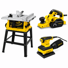 Kit Profesional Stanley Sierra de Banco + Cepillo Eléctrico + Lijadora Orbital