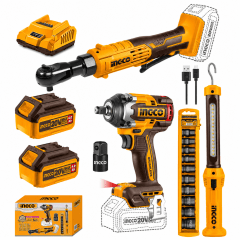 Kit llave de impacto inalámbrica 20V 500 Nm con ratchet, dados de impacto y linterna INGCO