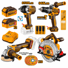 Combo 4 Fantásticos 20V VR1 con taladro percutor 96 Nm, llave de impacto 850 Nm y amoladora COSLI25