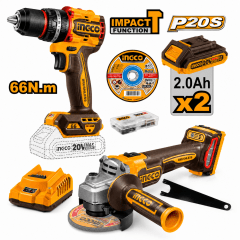 Pack dúo inalámbrico 20V con taladro percutor 1/2 pulgada 66 Nm y amoladora 4 1/2 pulgadas INGCO