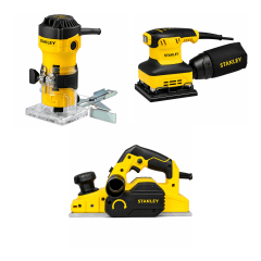 Kit Carpintero Stanley: Cepillo Eléctrico + Fresadora Ruteadora + Lijadora Orbital Profesional