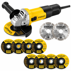 Kit Profesional Amoladora Angular Stanley 4-1/2¨ 750W con 10 Discos de Corte y Desbaste 0