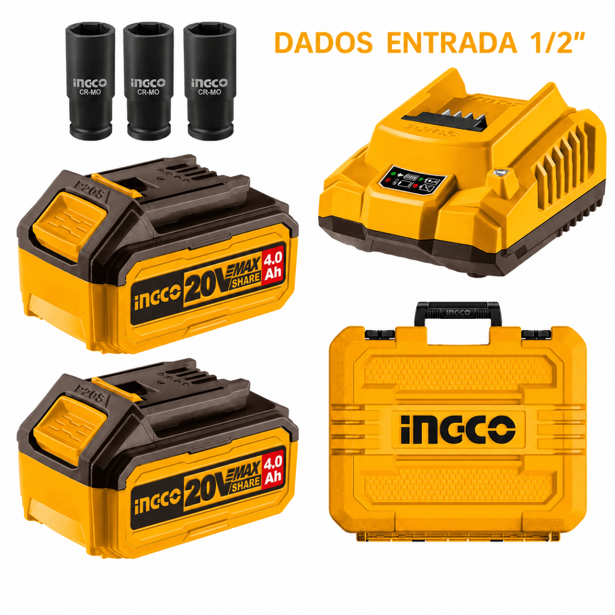Llave de Impacto Inalámbrica Brushless 20V 850Nm con 2 Baterías 4Ah y 3 Dados3
