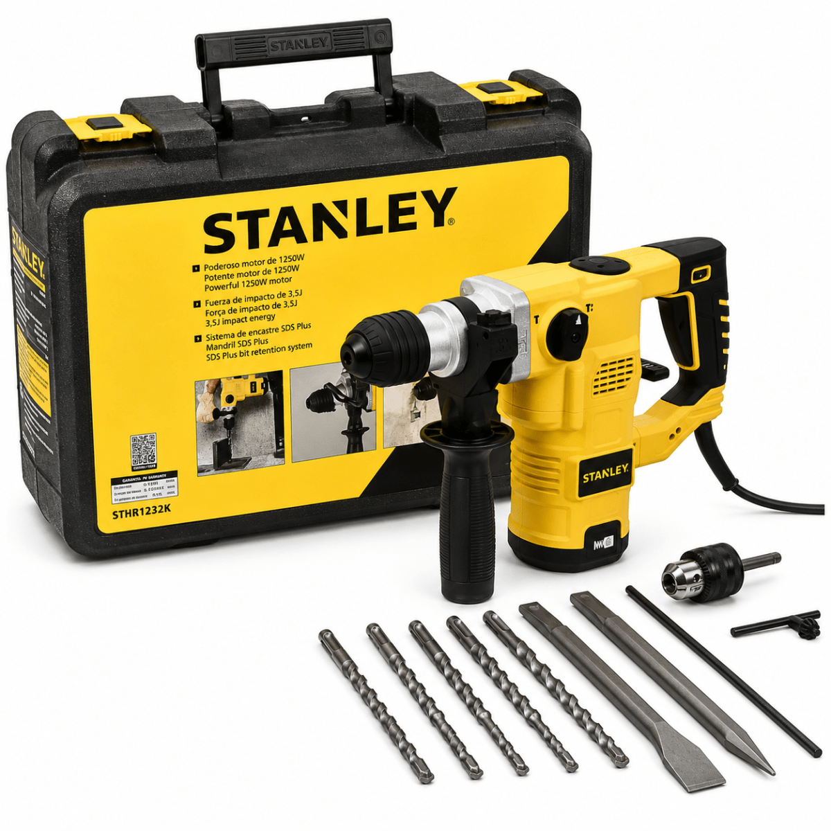 Rotomartillo Eléctrico Stanley SDS Plus 1250W con Maleta, Brocas y Cinceles1