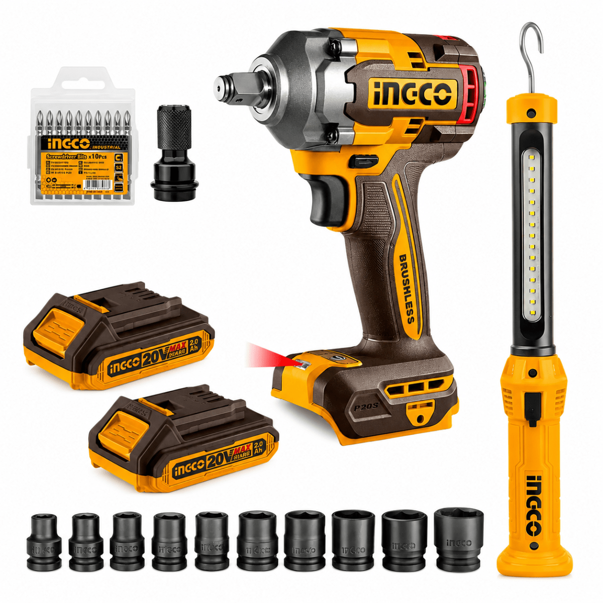 Combo Llave de Impacto Inalámbrica Brushless 20V con Lámpara Magnética y 10 Dados INGCO1