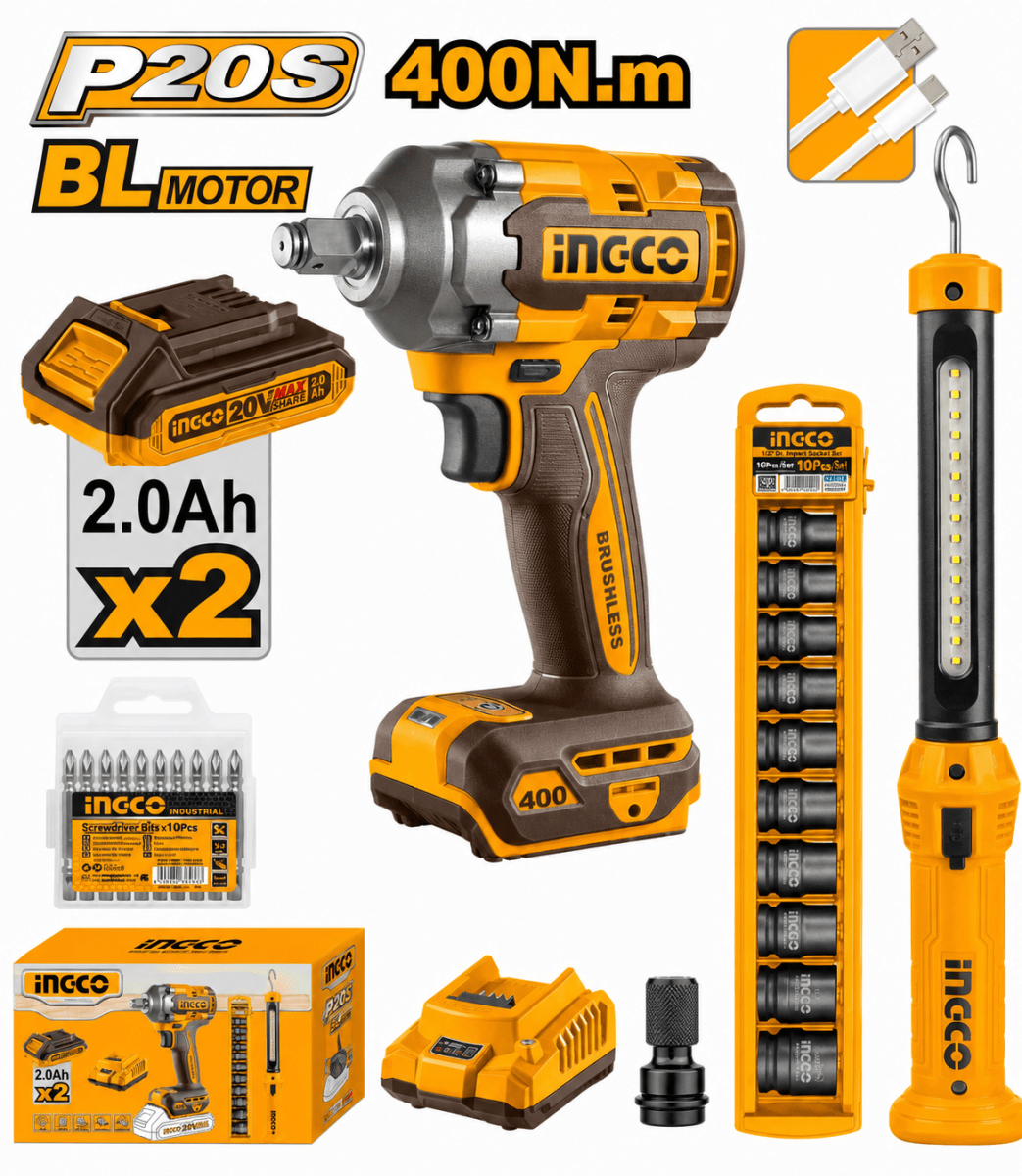 Combo Llave de Impacto Inalámbrica Brushless 20V con Lámpara Magnética y 10 Dados INGCO3
