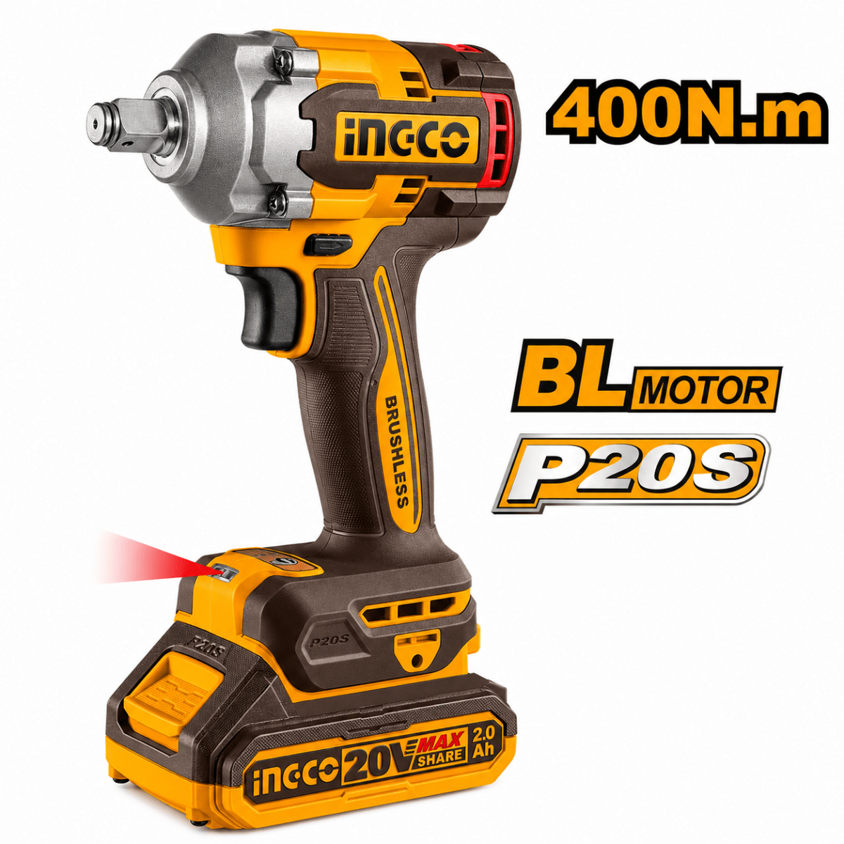 Llave de Impacto Inalámbrica Brushless 20V 400Nm con 2 Baterías 2Ah y 3 Dados INGCO3