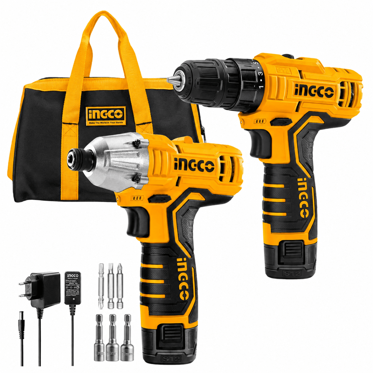 Kit Ingco Atornillador de Impacto + Taladro Inalámbrico 12V1