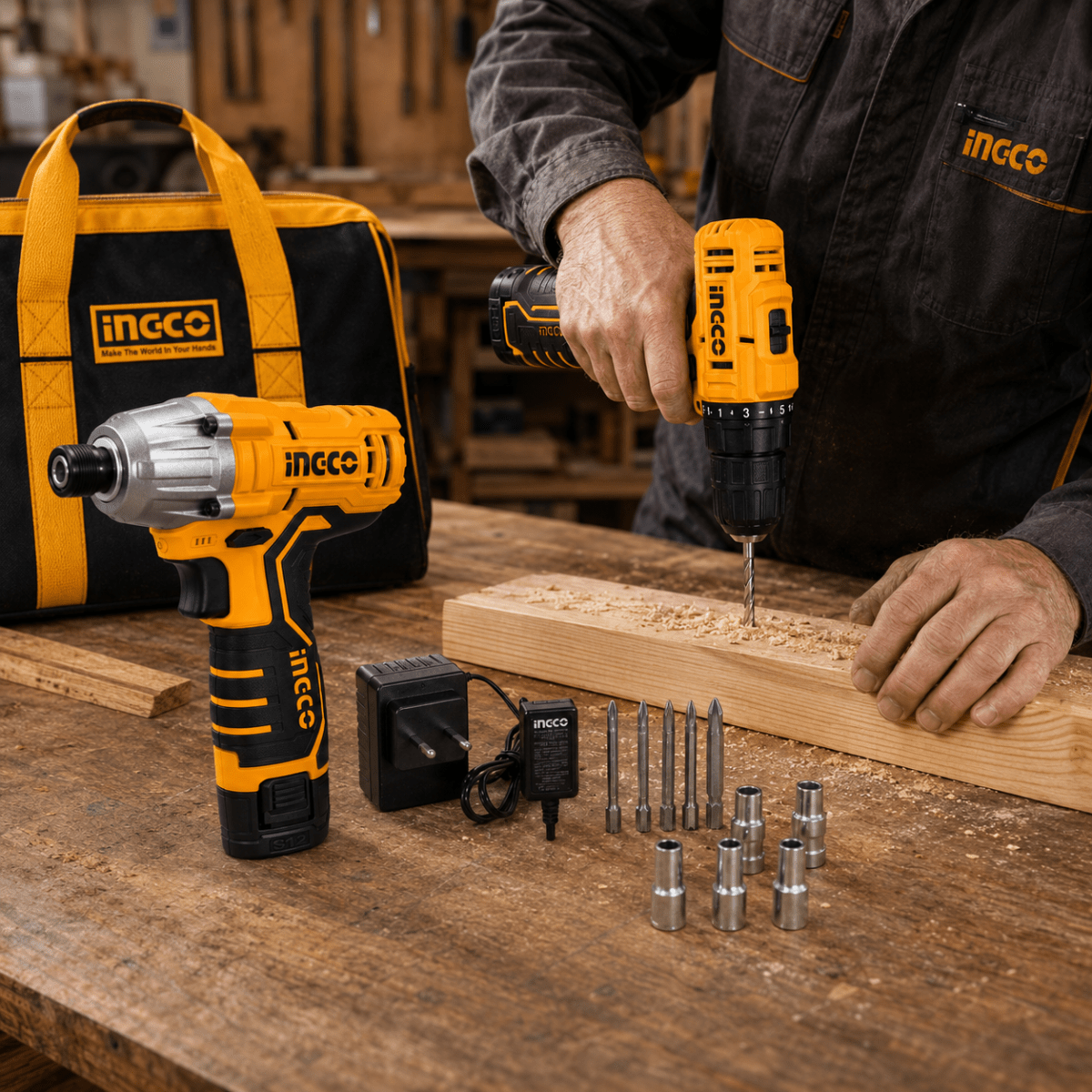 Kit Ingco Atornillador de Impacto + Taladro Inalámbrico 12V2