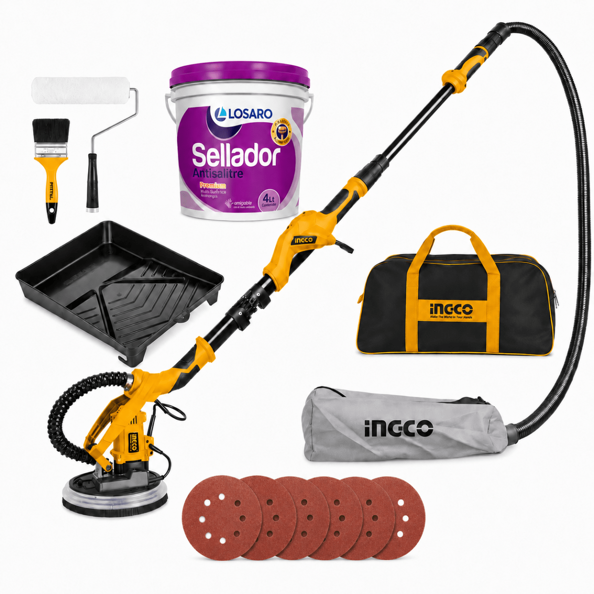 Combo Lijadora de Pared y Techo para Fino Acabado con 12 Lijas + Kit Vinci Pintor INGCO1