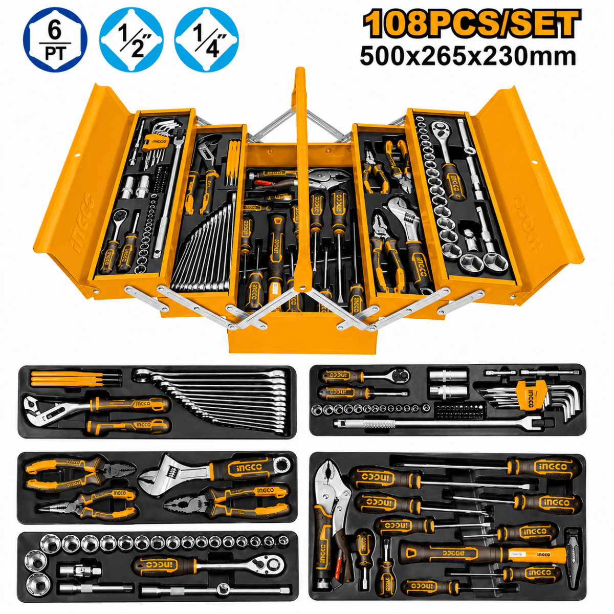 Kit de herramientas manuales 108 piezas con caja metálica HTCS151081 INGCO1