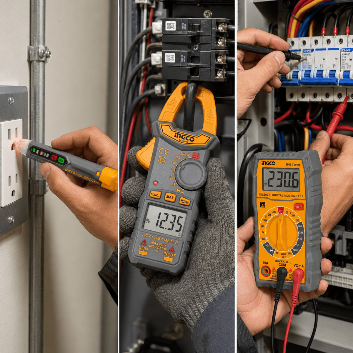 Kit de medición eléctrica con multímetro, pinza amperimétrica y detector de voltaje DM3028 INGCO2
