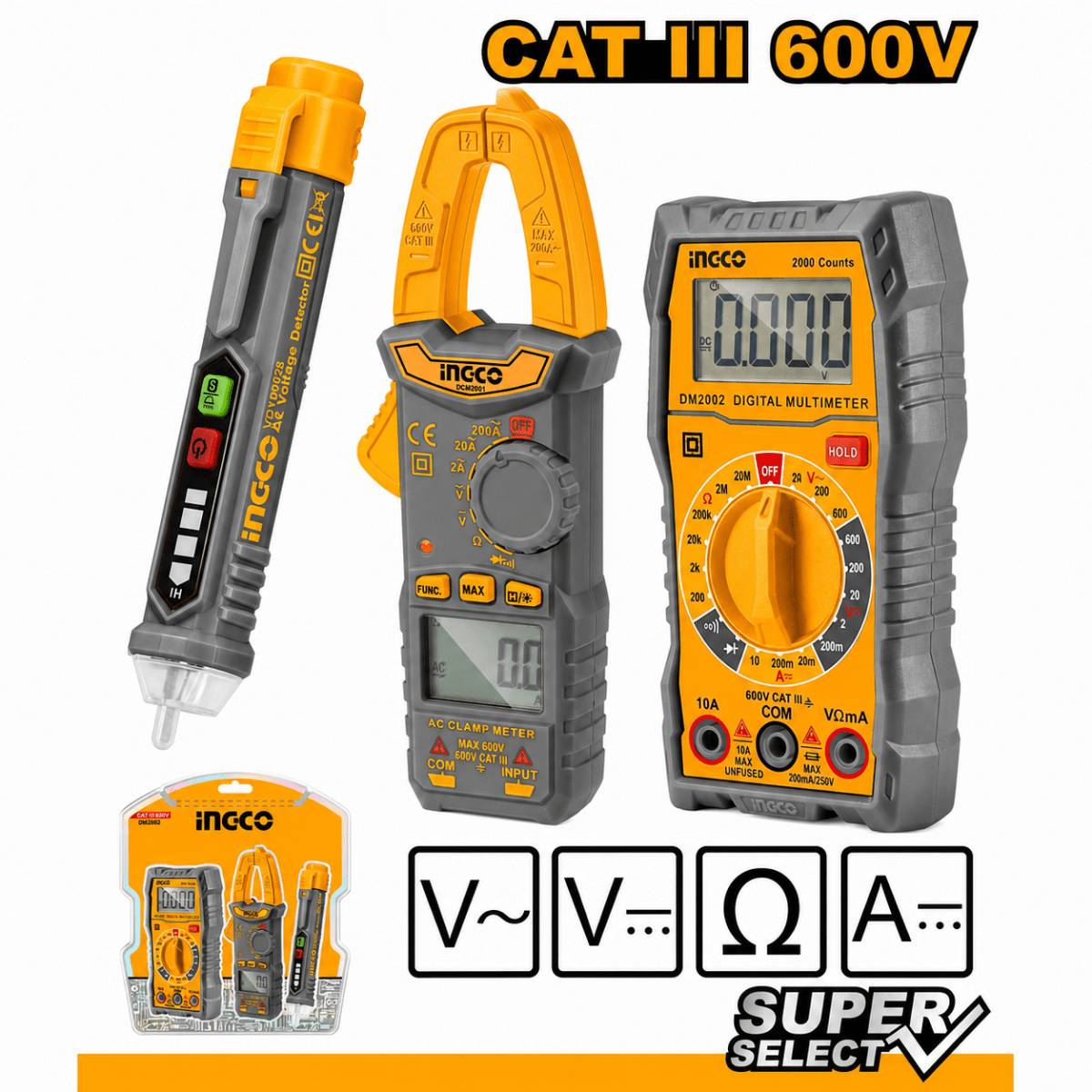 Kit de medición eléctrica con multímetro, pinza amperimétrica y detector de voltaje DM3028 INGCO1