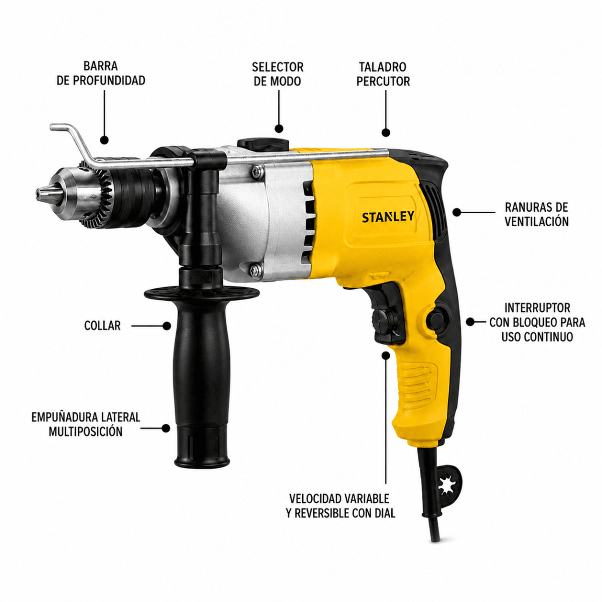 Taladro Percutor Eléctrico Stanley 800W STDH8013 1/2¨ Profesional2