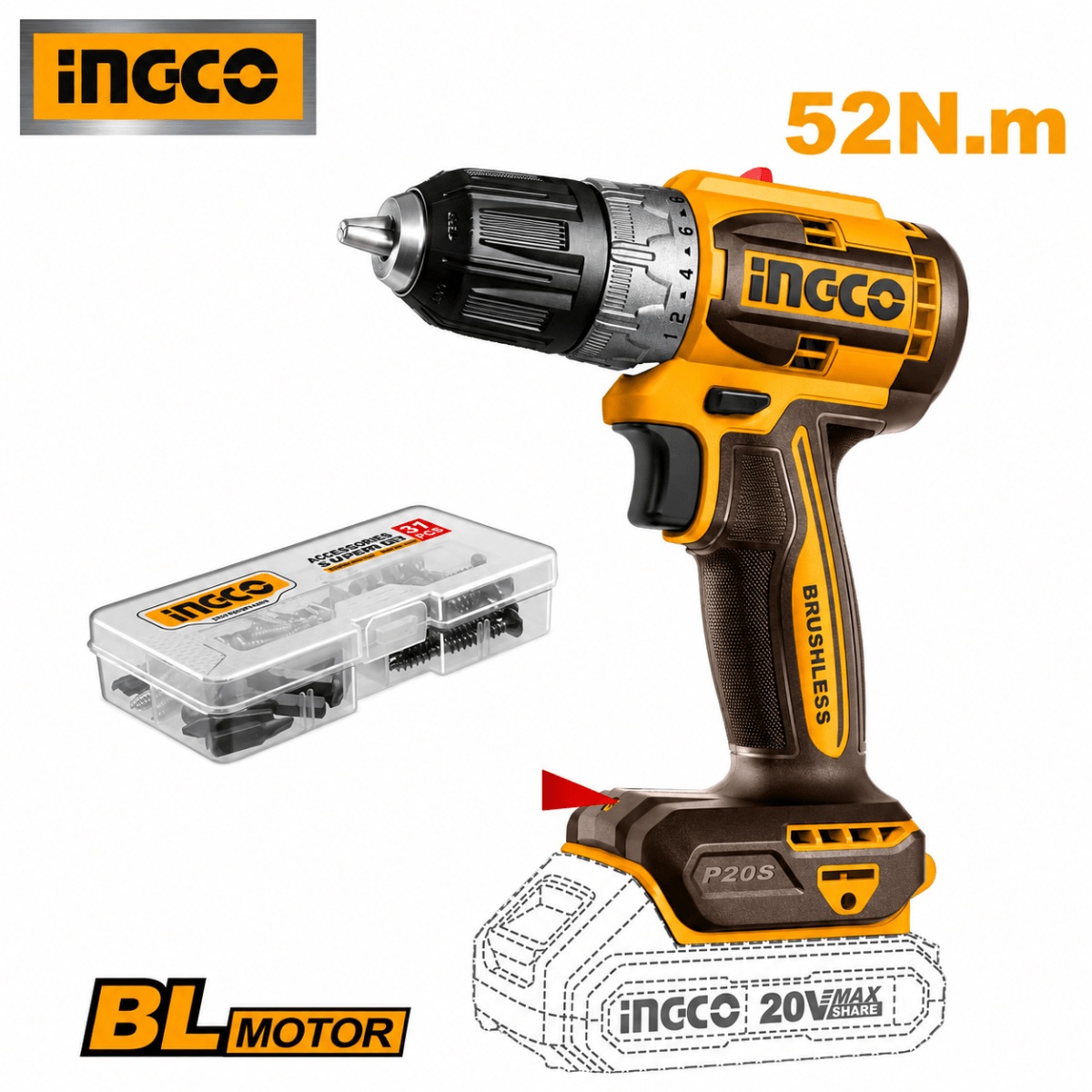 Combo Taladro Inalámbrico Brushless 20V + Llave de Impacto INGCO4