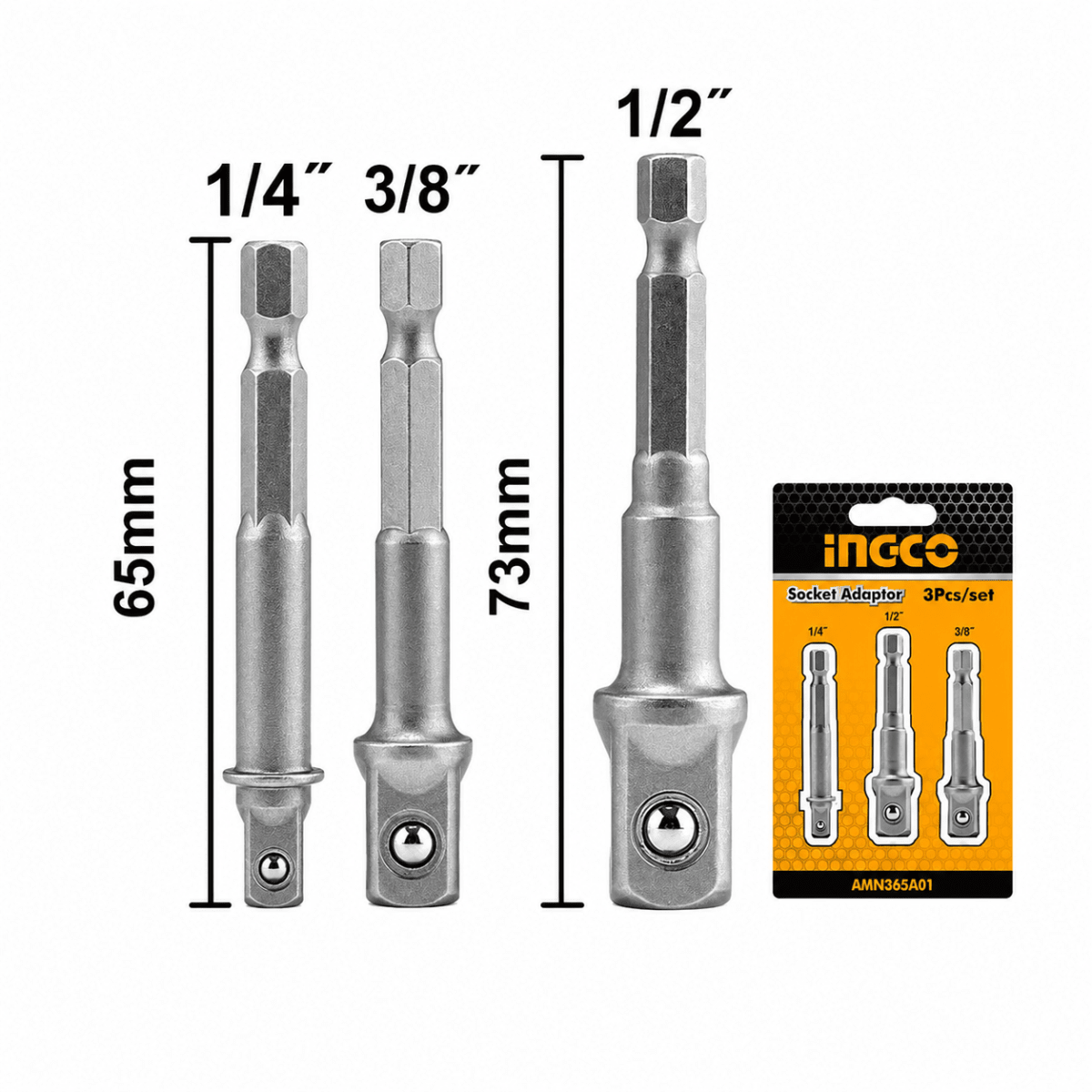 Adaptador dados encastre 1/4´´ magnetico 1/4´´, 3/8´´, 1/2´´ ingco amn365a011