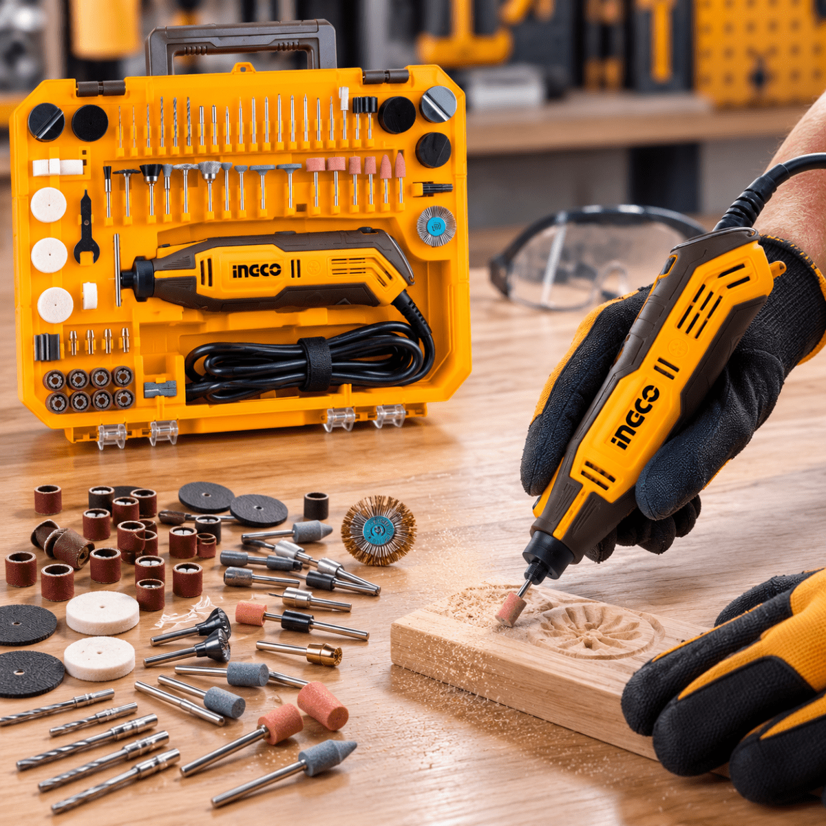 Kit Mini Rectificadora 130W con 250 Accesorios INGCO2