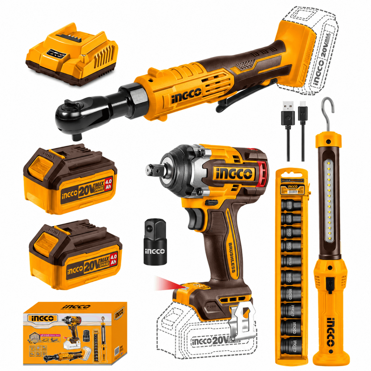 Kit llave de impacto inalámbrica 20V 500 Nm con ratchet, dados de impacto y linterna INGCO1