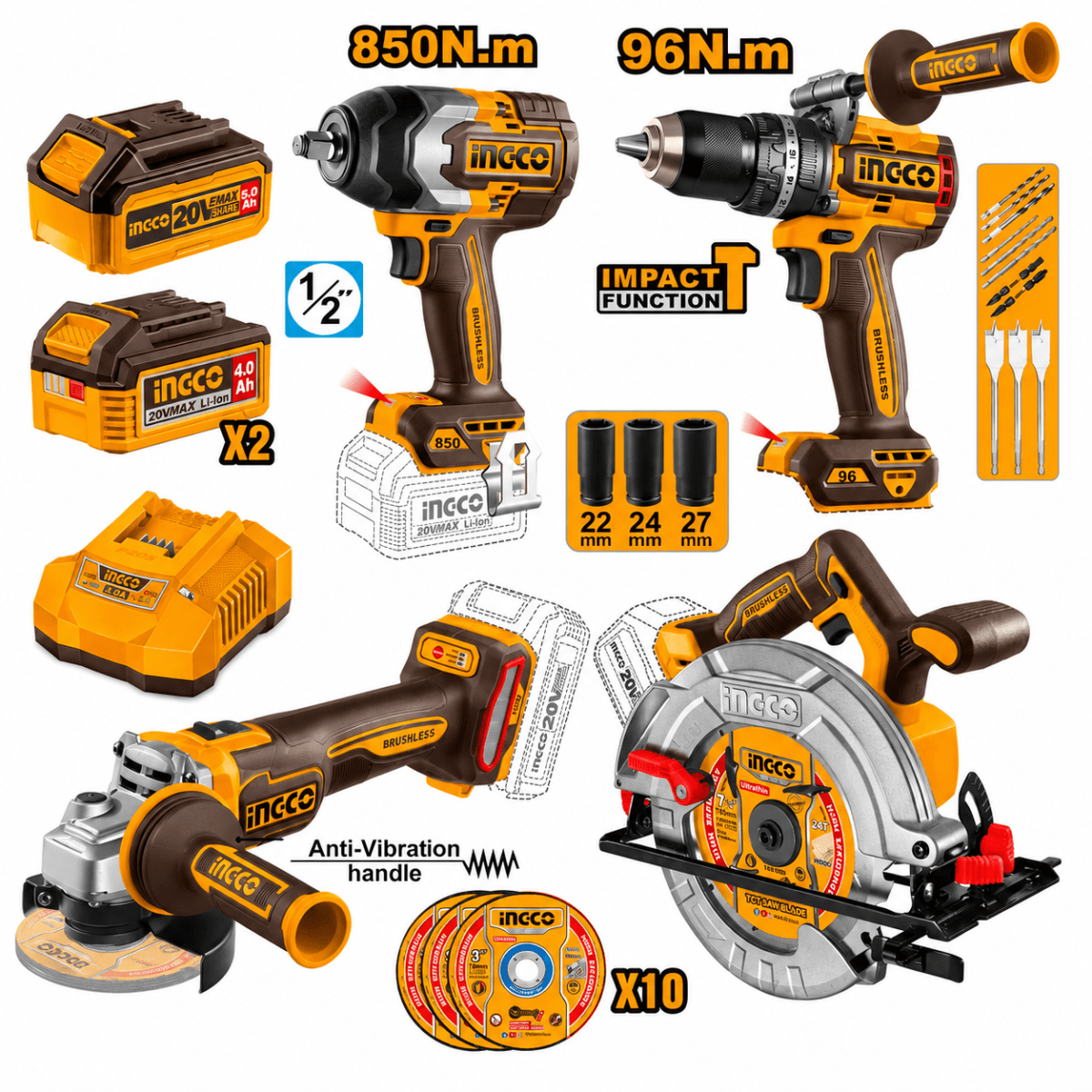 Combo 4 Fantásticos 20V VR1 con taladro percutor 96 Nm, llave de impacto 850 Nm y amoladora COSLI251