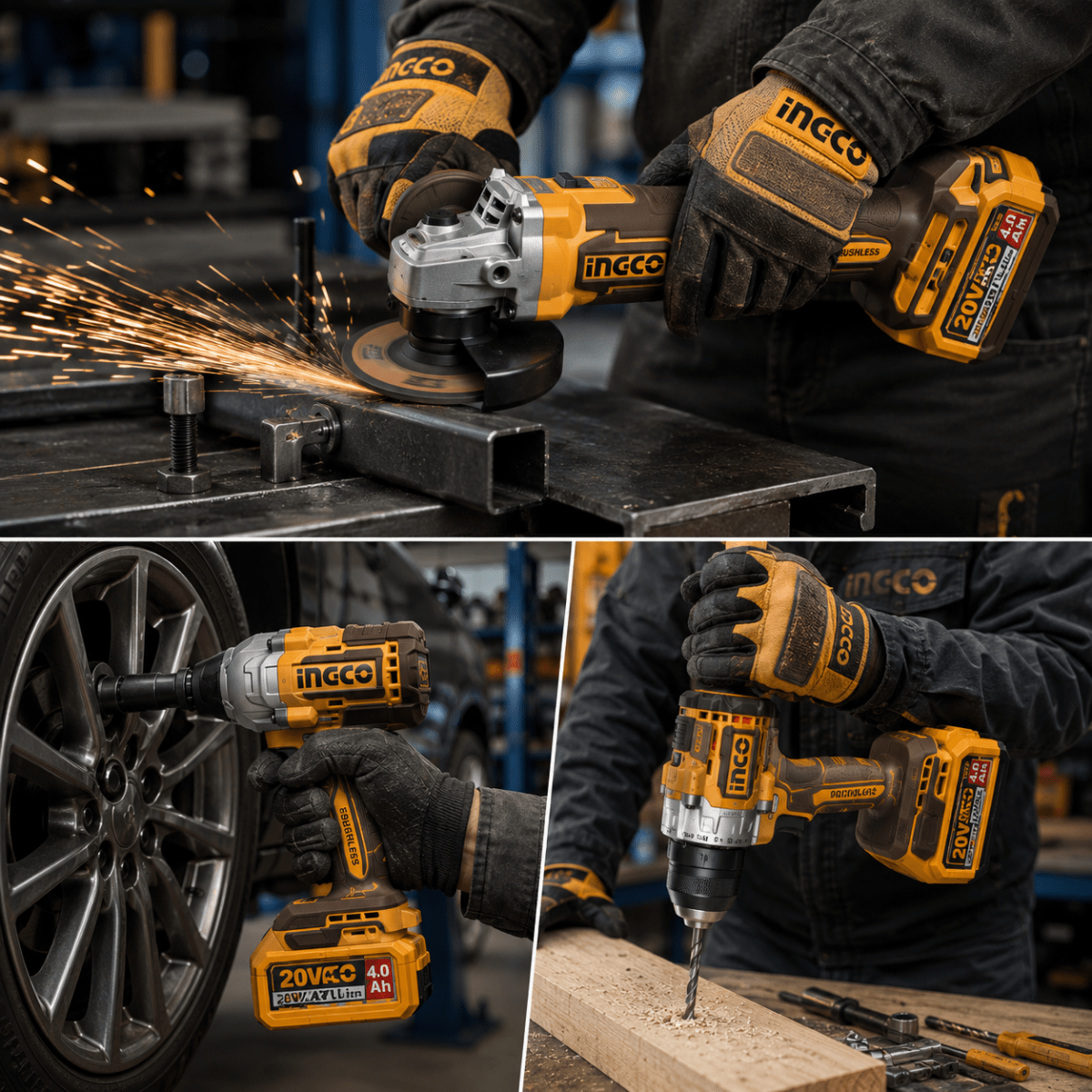 Combo 4 Fantásticos 20V VR1 con taladro percutor 96 Nm, llave de impacto 850 Nm y amoladora COSLI252