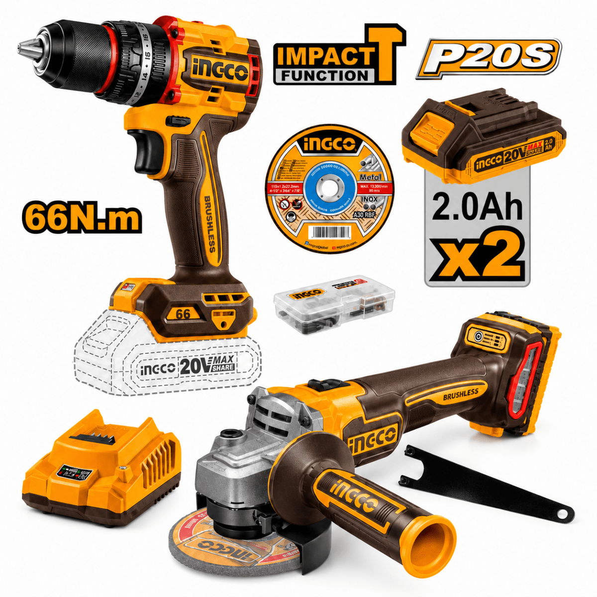 Pack dúo inalámbrico 20V con taladro percutor 1/2 pulgada 66 Nm y amoladora 4 1/2 pulgadas INGCO1
