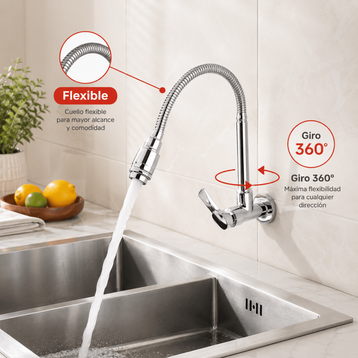 Llave de Cocina para Pared con Caño Corrugado Flexible - C&A2