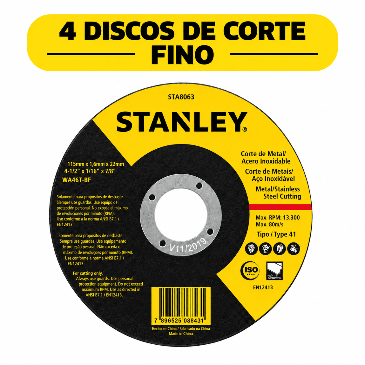 Kit Profesional Amoladora Angular Stanley 4-1/2¨ 750W con 10 Discos de Corte y Desbaste4