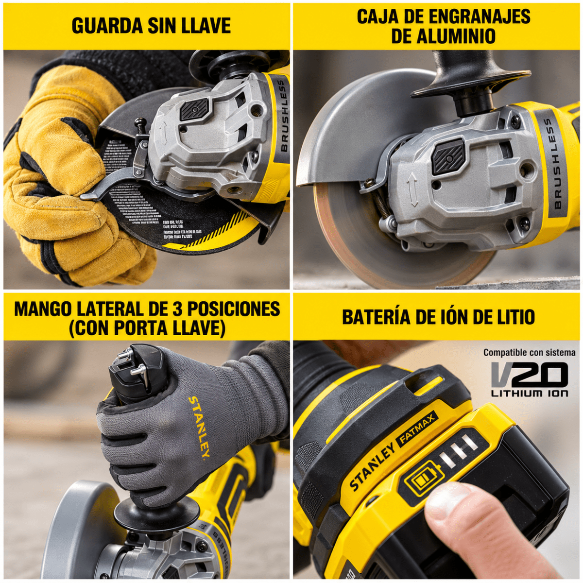 Amoladora Angular Inalámbrica Stanley 20V Brushless para Corte y Desbaste Profesional2