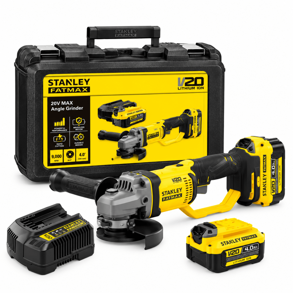 Amoladora Angular Inalámbrica Stanley 20V con 2 Baterías 4Ah para Corte y Desbaste1