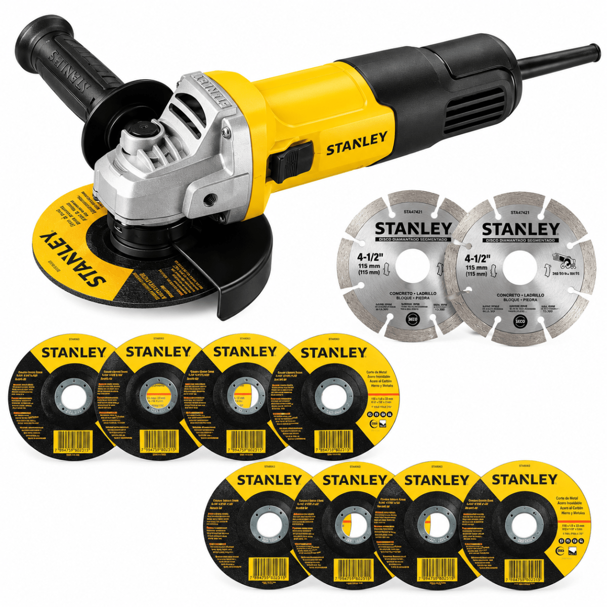 Kit Profesional Amoladora Angular Stanley 4-1/2¨ 750W con 10 Discos de Corte y Desbaste1
