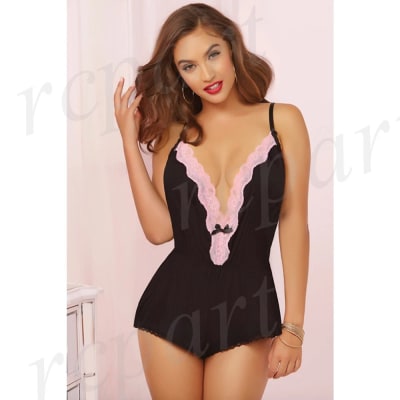 Babydoll Negro con Encaje Rosa en Escote Profundo V1