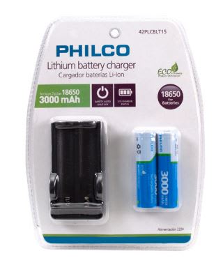 Cargador Pilas 18650 + 2 Pilas 18650 3000mah Philco Cargador Pilas 18650 + 2 Pilas 18650 3000mah Philco
