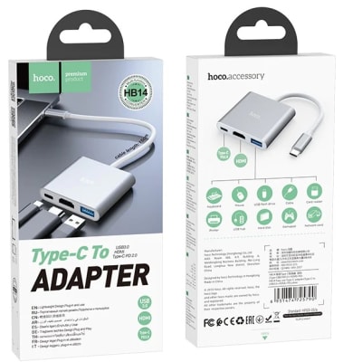 Adaptador Hoco HB14 tipo c a USB 3.0 + HDMI + PD Silver.1