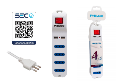 Alargador 4 posiciones +2 USB Philco Alargador 4 posiciones +2 USB Philco