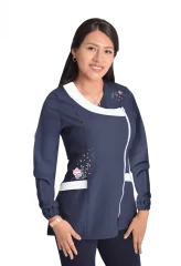 Delantal manga larga educadora modelo Buho azul marino