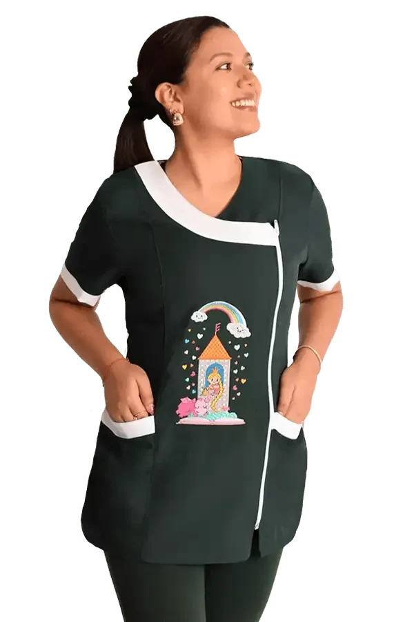 Delantal educadora modelo Rapuncel verde botella1