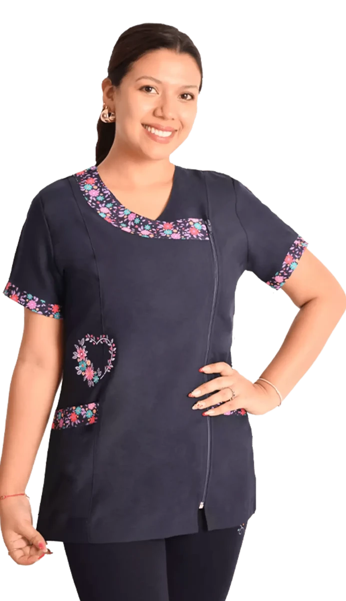 Delantal educadora modelo Primaveral azul marino1