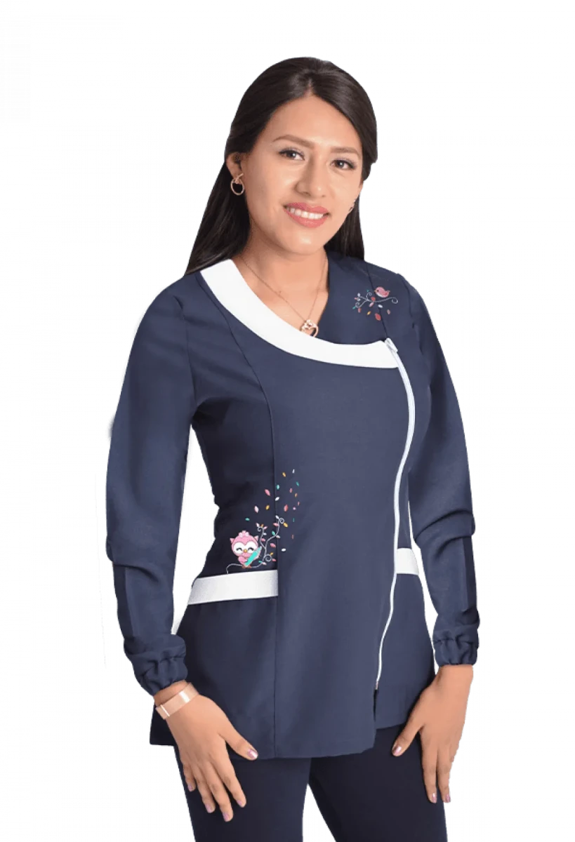 Delantal manga larga educadora modelo Buho azul marino1