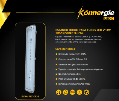 Canoa Estanco 60cm para 2 tubos led IP65 (Sin Tubos)
