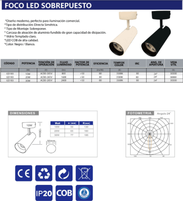 Foco Spot Sobrepuesto Blanco 30W 3500K Luz Cálida