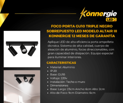 Foco Porta GU10 Triple Negro Sobrepuesto Led Modelo Altair III