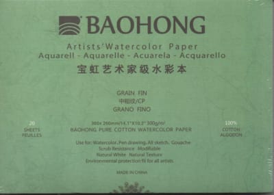 BLOCK ACUARELA BAOHONG 100% ALGODÓN GRANO FINO 360X260MM