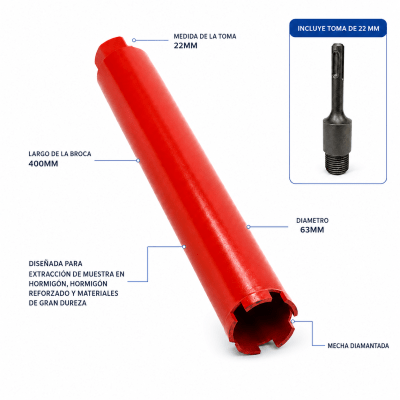Broca Diamantada 63mm X 400mm Para Concreto + Toma 22mm SDS plus