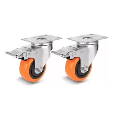 RUEDA GIRATORIA 4 PULG PACK 2 UND CON RODAMIENTO NARANJA CON FRENO