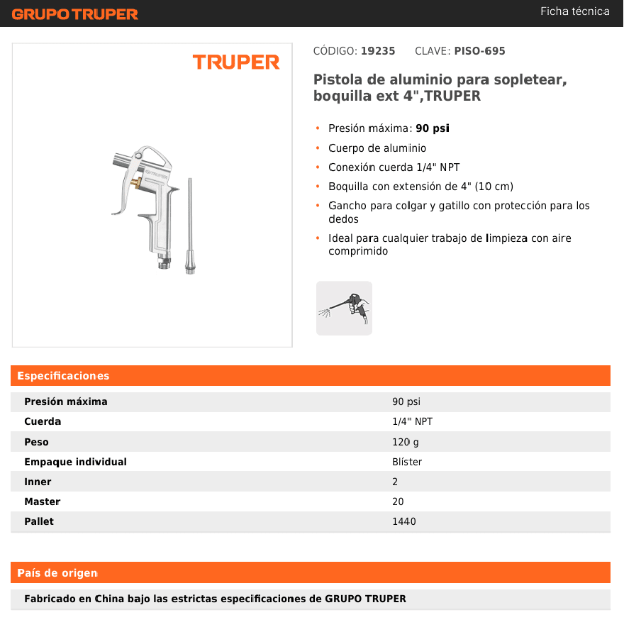 PISTOLA DE AIRE TRUPER PARA SOPLETEAR 1/4NPT ALUMINIO PISO-6953