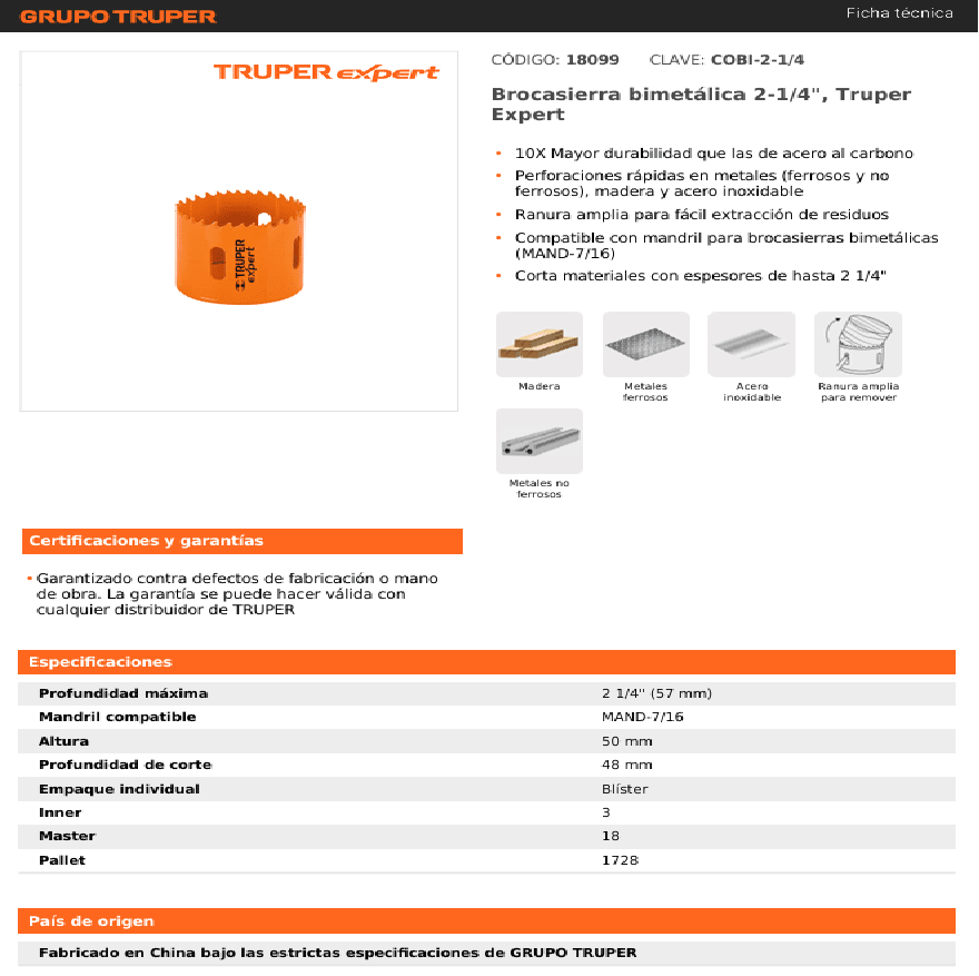 SIERRA COPA BIMETAL TRUPER 57mm 2.1/4pulg2