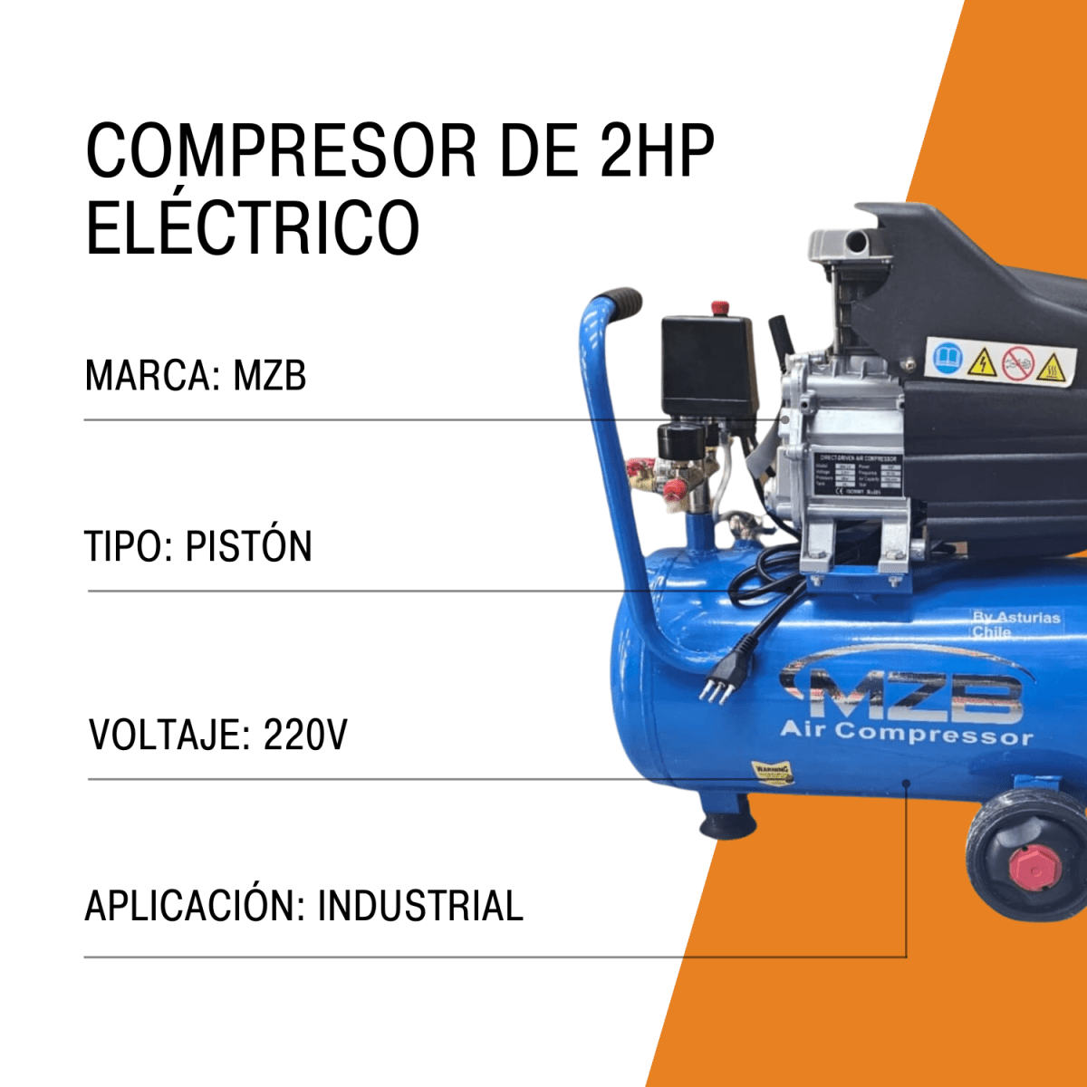 Compresor de aire eléctrico portátil total 24LT de 2hp 220v 8Bar 115psi MZB2